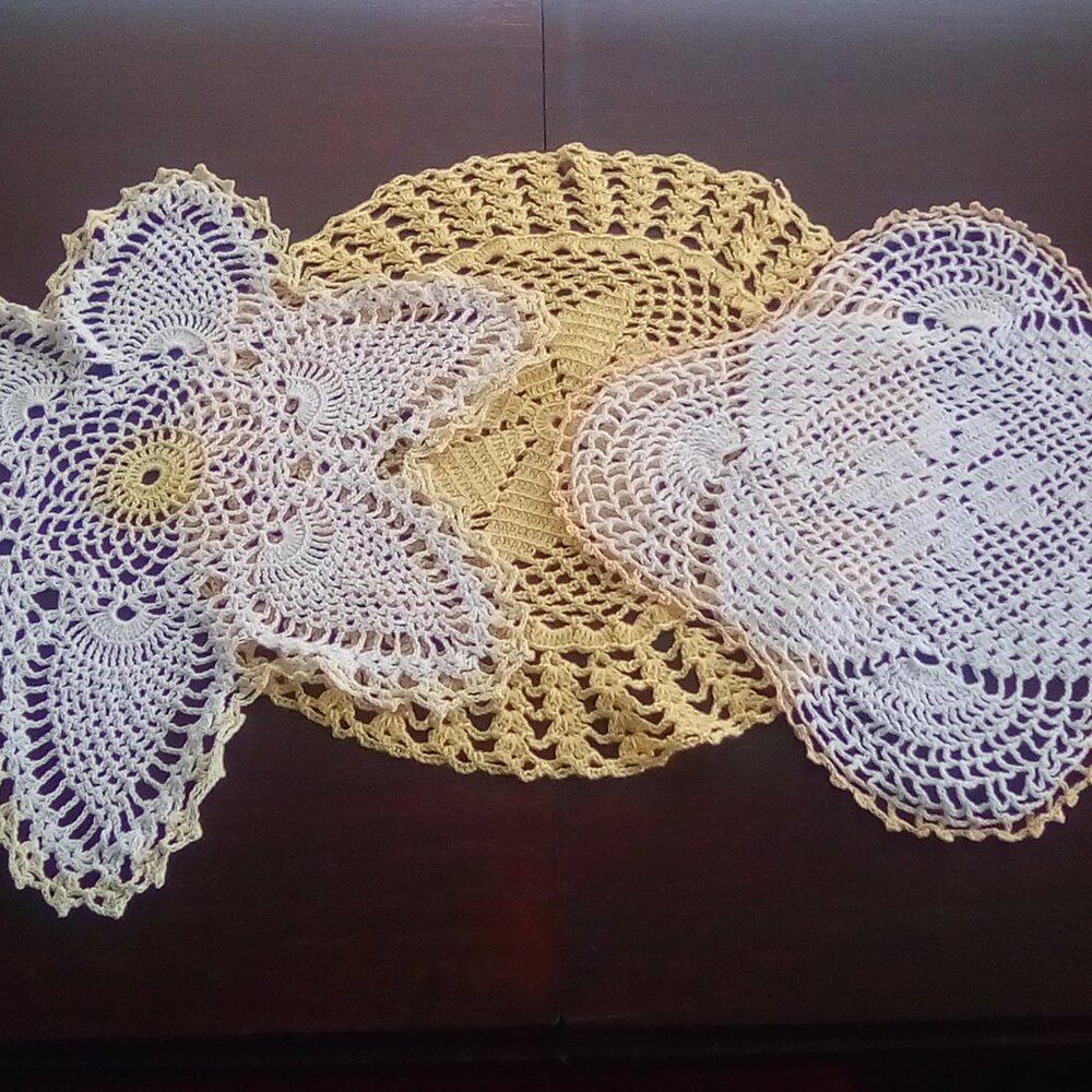 Vintage Yellow and White Set of 3 Doilies from Mid Century - Hand Crocheted